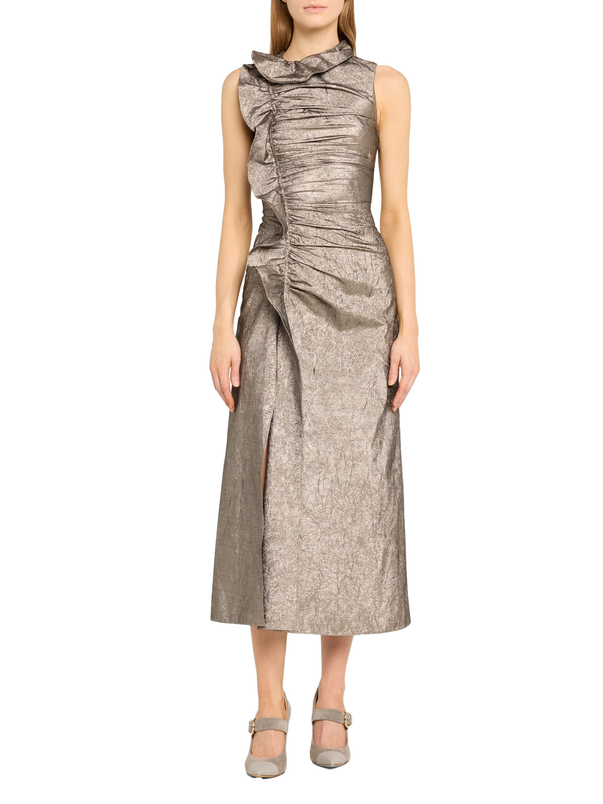 Ulla Johnson Demetra Metallic Ruffle Sleeveless Midi Dress