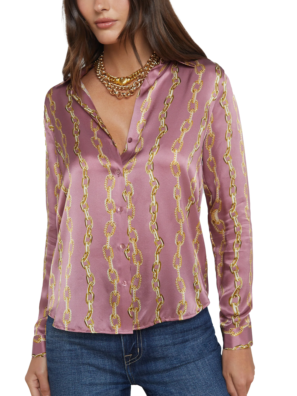 L&#39;AGENCE Tyler Silk Blouse Mauve Rose Metallic Chain