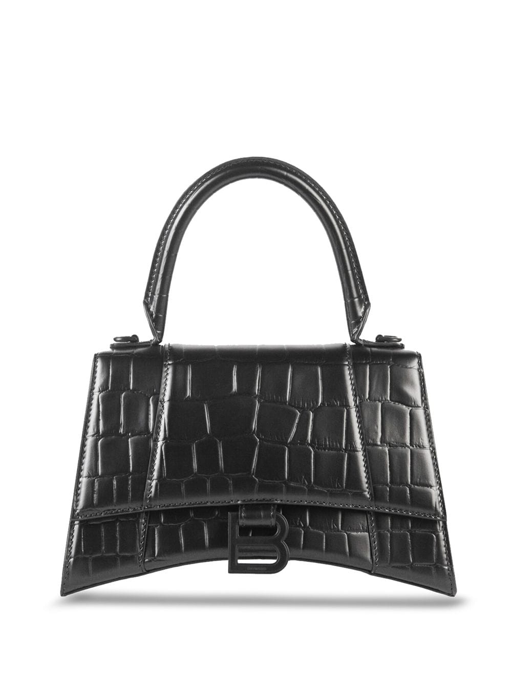 Balenciaga Small Hourglass Croc Embossed Black Leather Top Handle Bag New