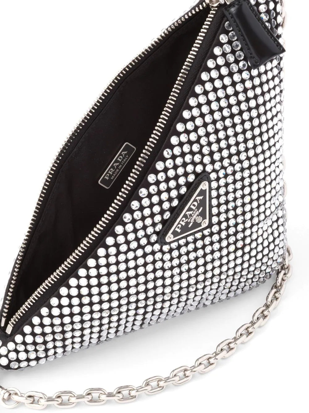 Prada Triangle-Logo On-Chain Clutch Bag Black in Nylon with Silver